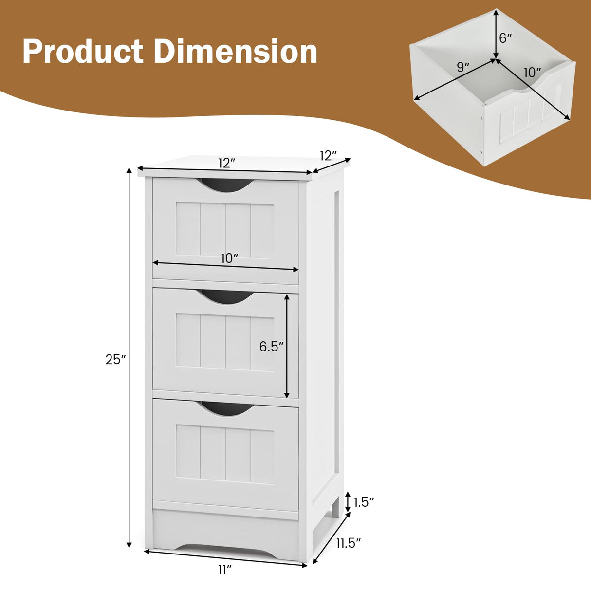 Bathroom Floor Cabinet - Small Bathroom Storage Cabinet with 3 Removable Drawers & Anti-Toppling Device,