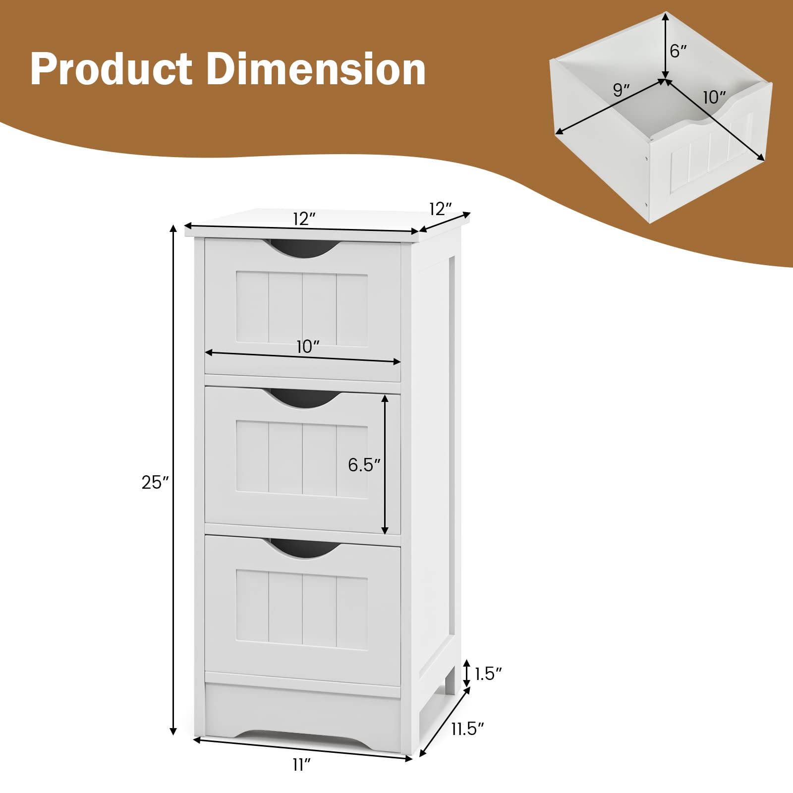 Bathroom Floor Cabinet - Small Bathroom Storage Cabinet with 3 Removable Drawers & Anti-Toppling Device,