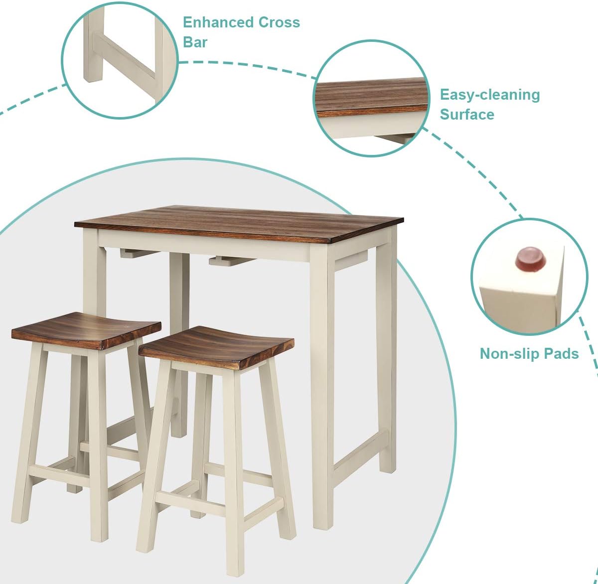 FFlyer Bar Table Set, 3 Piece Counter Height Breakfast Table with 2 Saddle Bar Stools