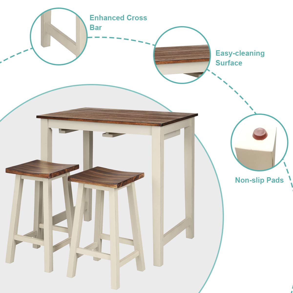 FFlyer Bar Table Set, 3 Piece Counter Height Breakfast Table with 2 Saddle Bar Stools