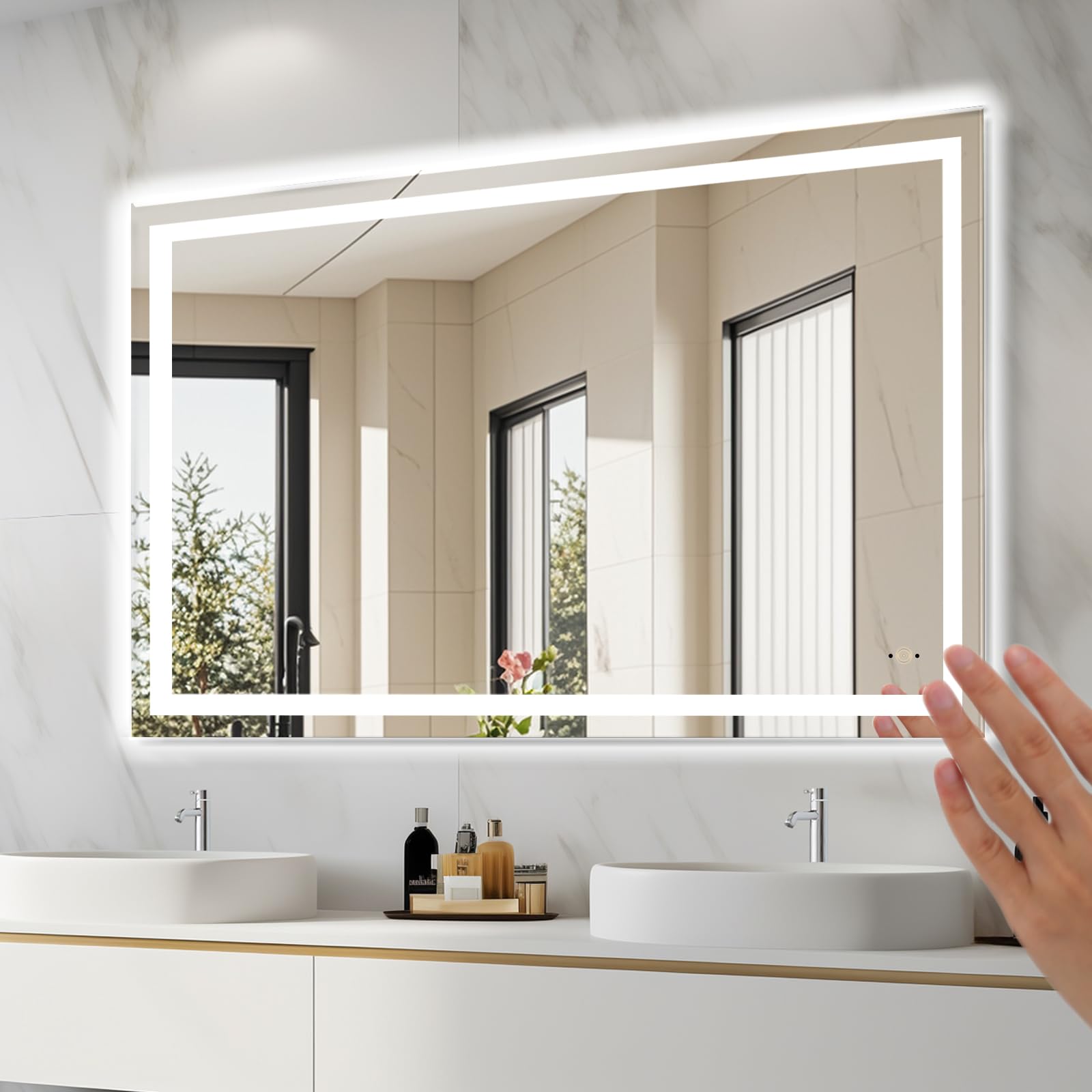 32x40 LED Bathroom Mirror with Hand Wave Sensor - Dimmable Anti-Fog Wall Mount