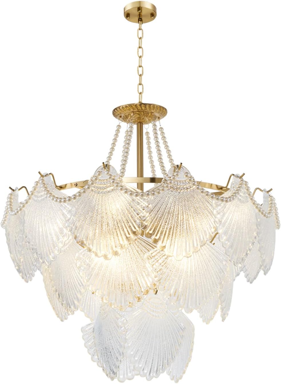 Gold Multi-Tier Crystal Chandelier, Shell Cloud Glass Metal Pendant Chandeliers Hanging