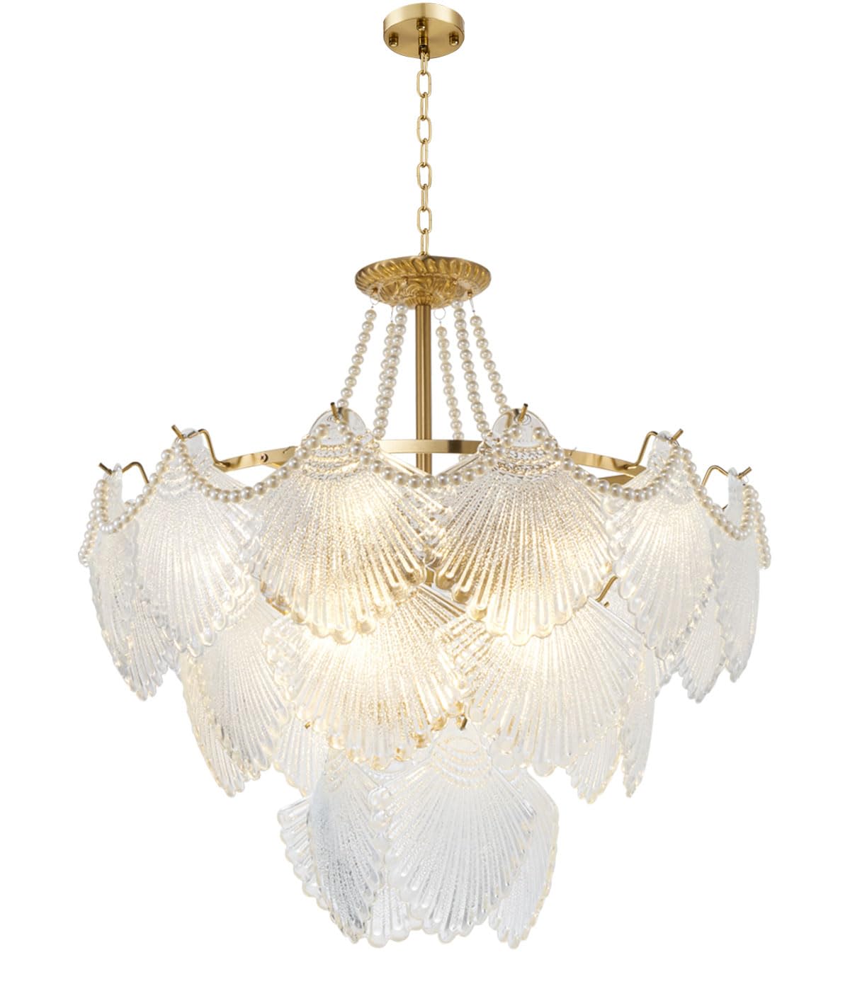 Gold Multi-Tier Crystal Chandelier, Shell Cloud Glass Metal Pendant Chandeliers