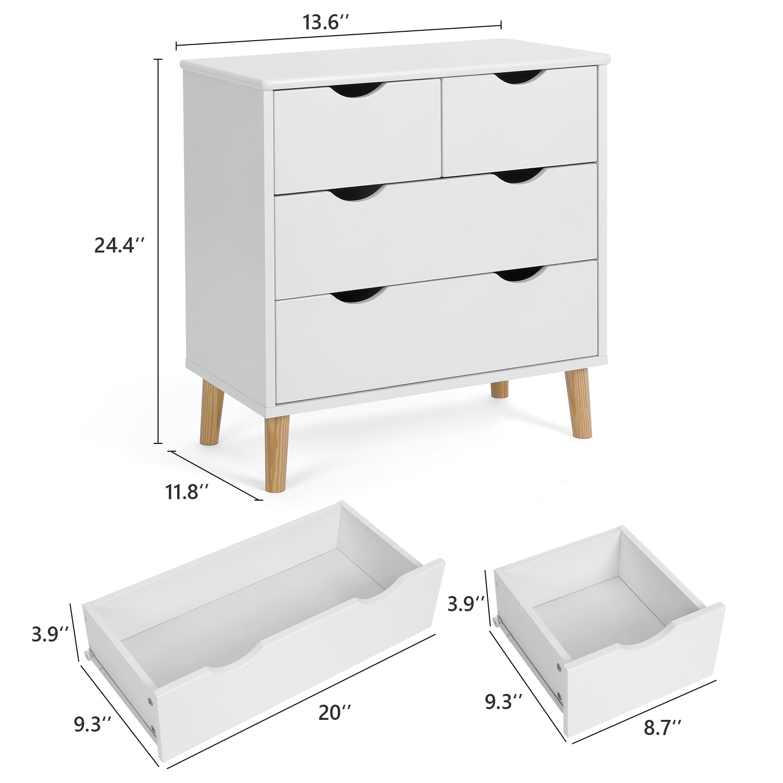 4 Drawers Dresser for Bedroom, 24.4''H White Drawer Dresser Nightstand