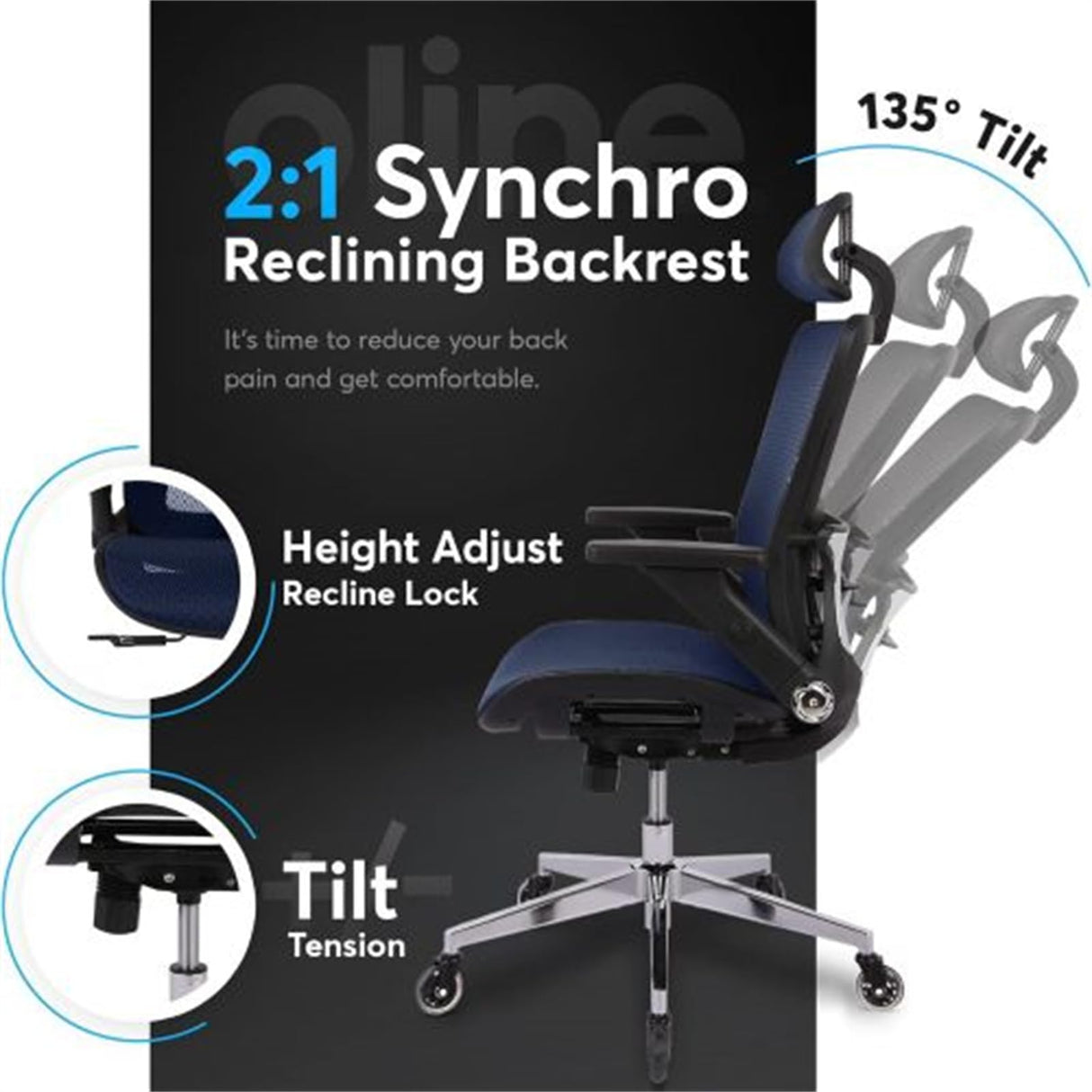 Blue Ergonomic Mesh Office Chair, High Back - Adjustable Headrest with Flip-Up Arms,