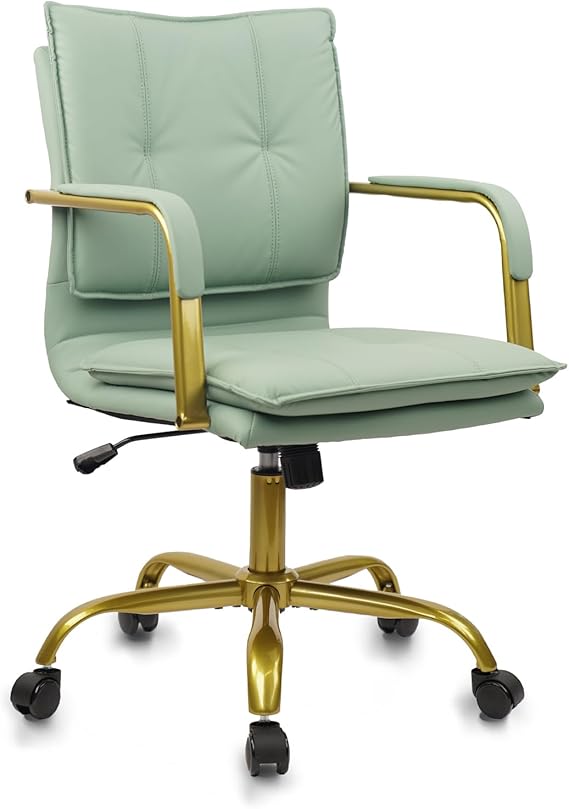 Leather Mid-Back Office Chair with Golden Accents - White