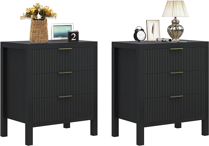 Fluted Nightstands Set of 2, Wooden Farmhouse Night Stands with 6 Drawer Bedside Table