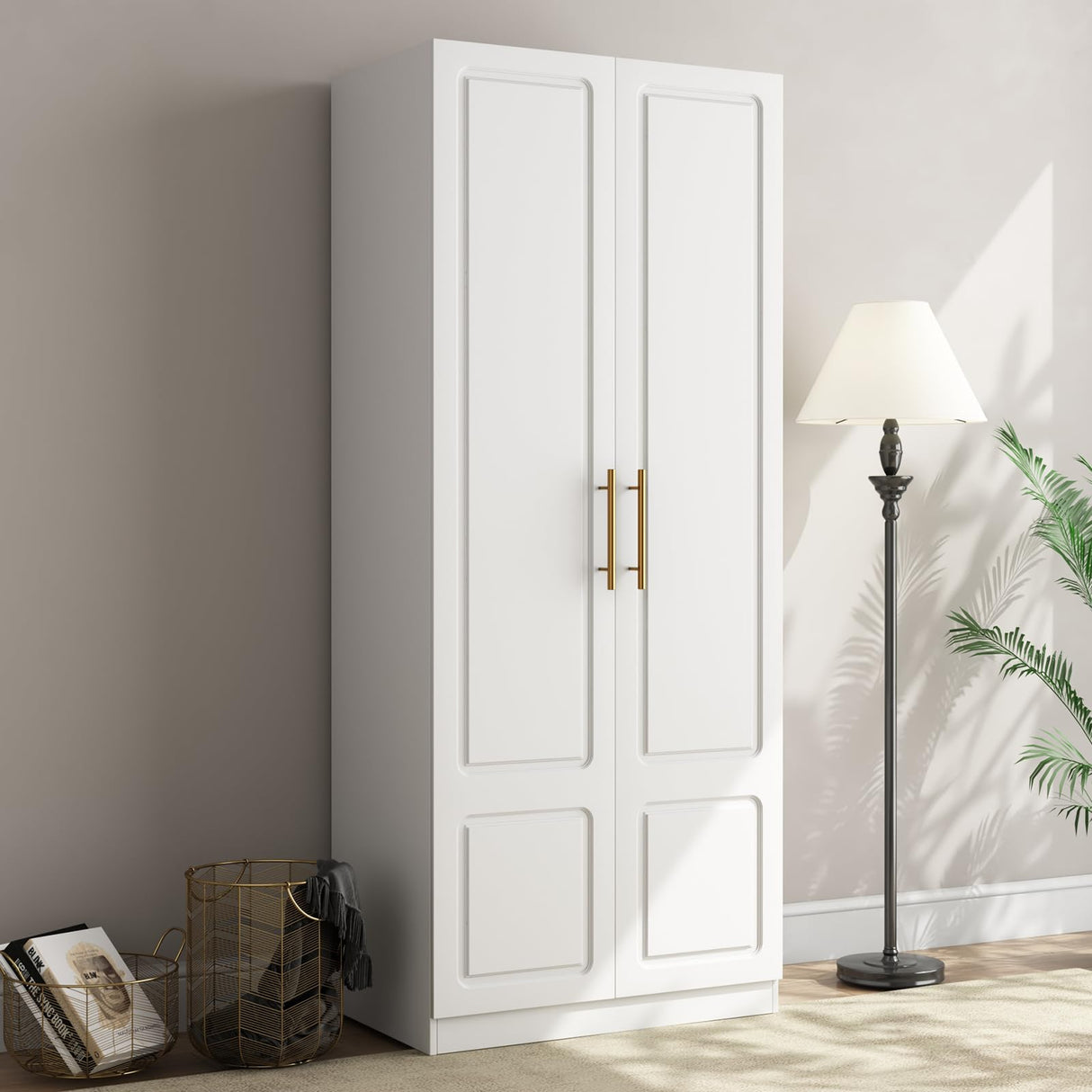 Modern Wardrobe, White Floor Storage Cabinet with Hangers, Spacious and Versatile