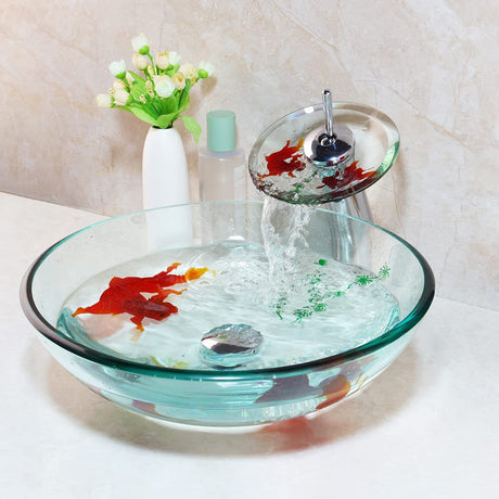 Clear Bathroom Sink Hand Painting Gold Fish Tempered Glass Vessel Sink Basin