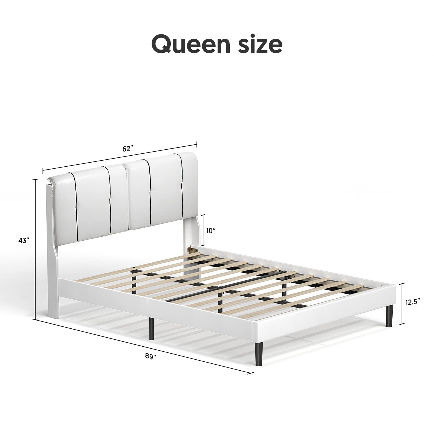 Queen Size Bed Frame Upholstered Low Profile Modern Platform Bed with Faux Leather Headboard/No Box Spring Needed/No Bed Skirt Needed (White)