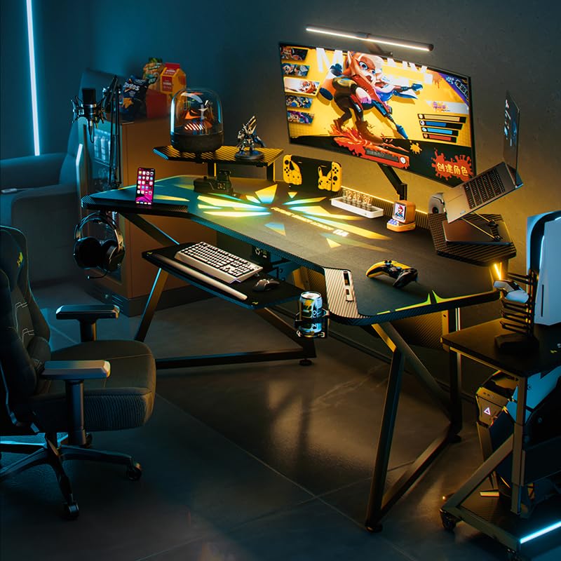 Gaming Desk with Removable Speaker Stand, 72'' Large Studio Wing-Shaped Gaming
