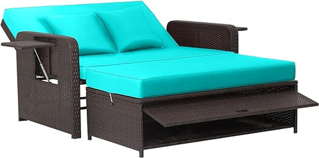 Patio Rattan Daybed, Patiojoy Wicker Loveseat Sofa w/Multipurpose Ottoman