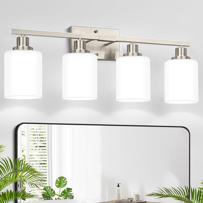 4-Light Bathroom Light Fixtures, Vanity Light with Milky White Shades, Matte Black Bathroom Light