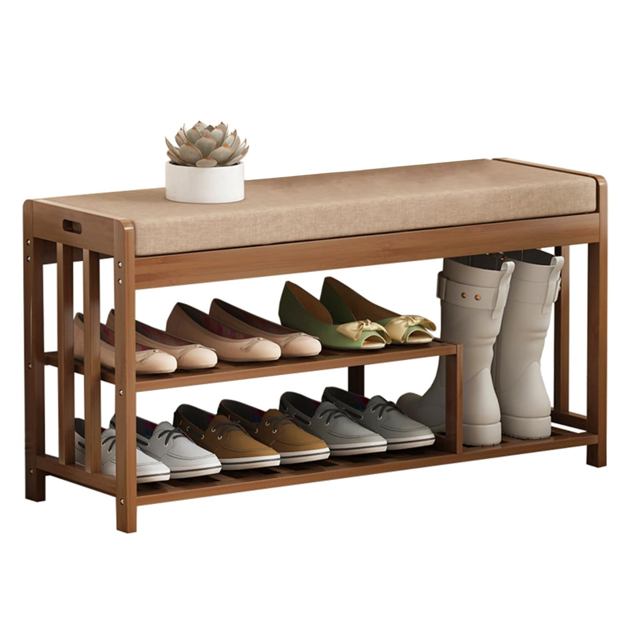 3 Tier Wooden Shoe Organizer with Boots Compartments, Large Bamboo Entryway Bench