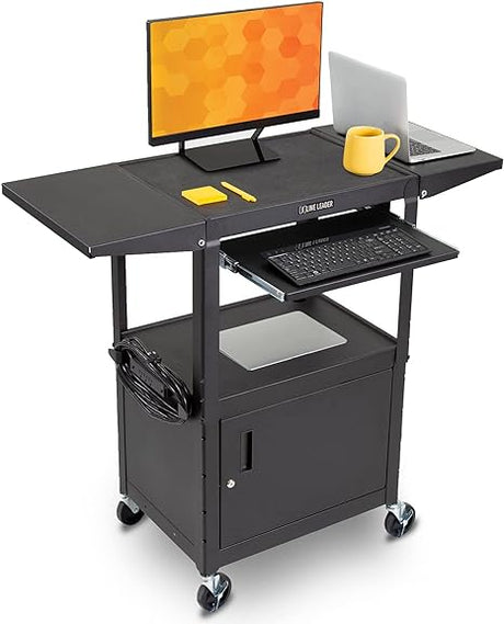 Line Leader Rolling AV Cart with Locking Cabinet, Laptop Stand, and Drop Leaves,