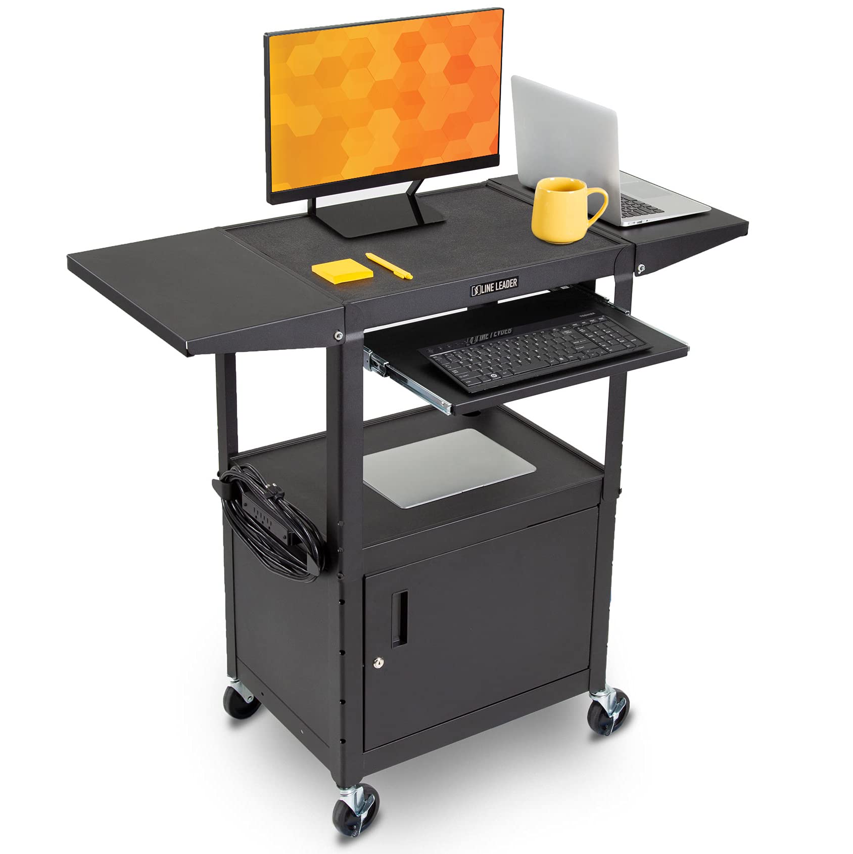 Line Leader Rolling AV Cart with Locking Cabinet, Laptop Stand, and Drop Leaves,