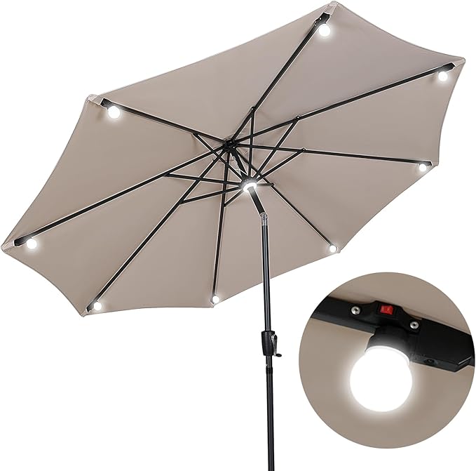 9.5‘ Outdoor Patio Umbrella, Solar LED Bulb Lighted Patio Umbrella with 8 Ribs