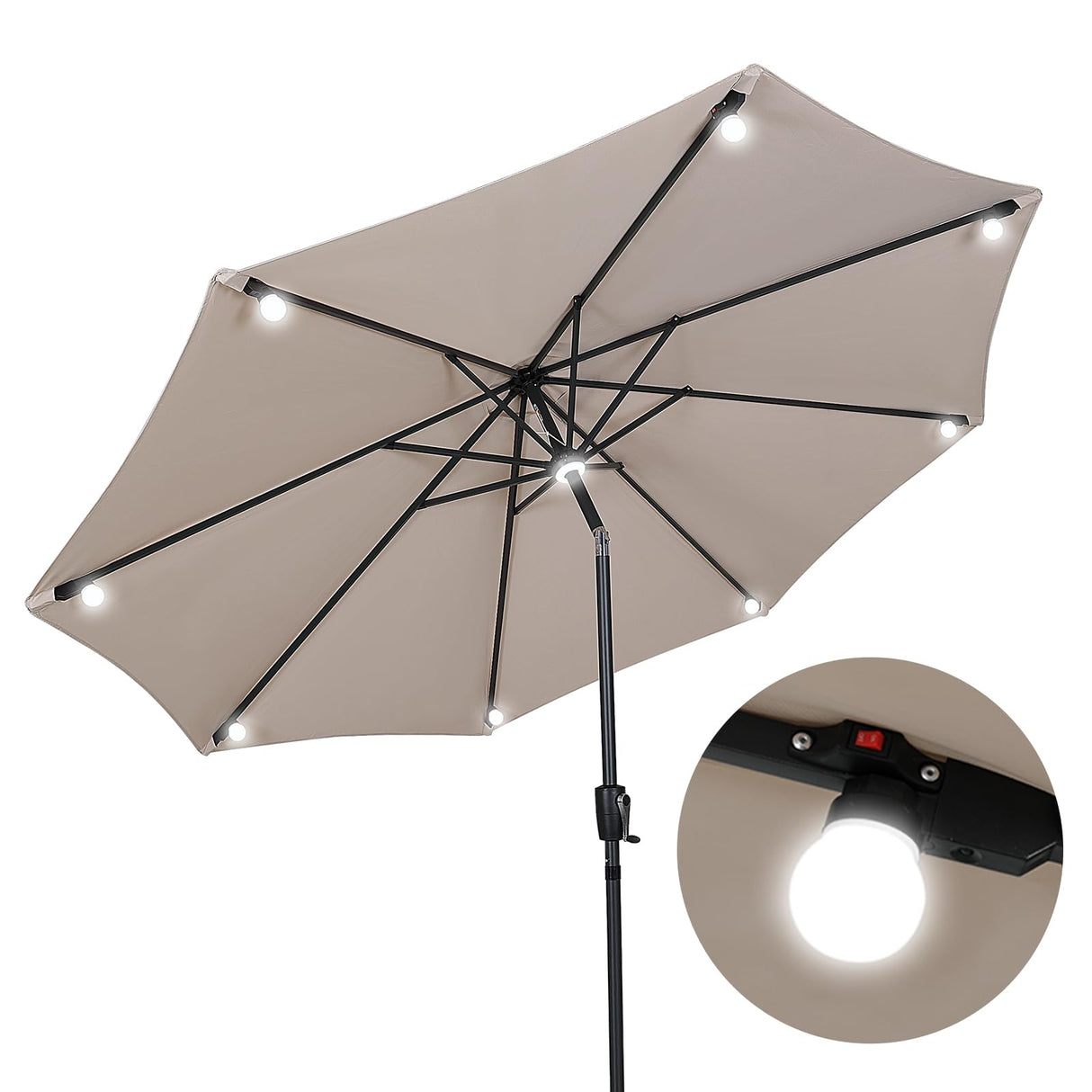 9.5‘ Outdoor Patio Umbrella, Solar LED Bulb Lighted Patio Umbrella with 8 Ribs