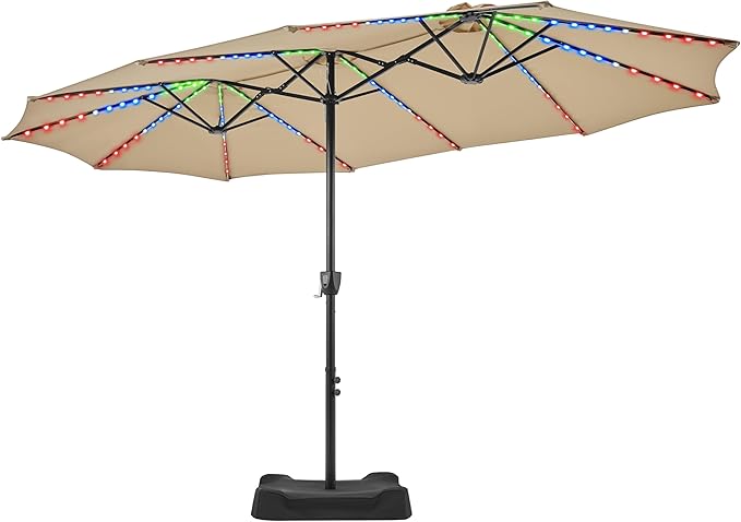 15 ft Large Patio Umbrella with Solar Lights, Double-Sided Rectangle Outdoor Market Umbrellas