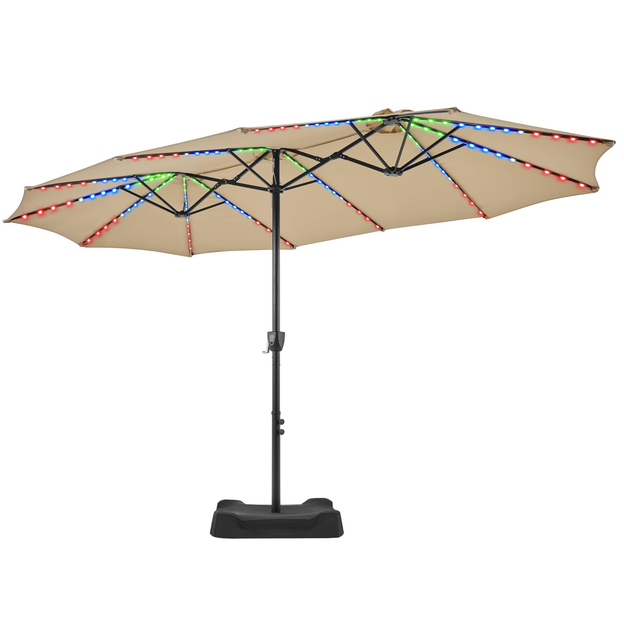 15 ft Large Patio Umbrella with Solar Lights, Double-Sided Rectangle Outdoor Market Umbrellas