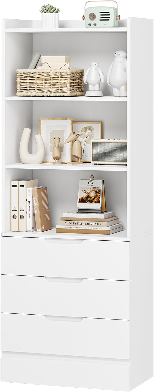 73.23'' Tall Storage Cabinet Bookcase with 3 Drawers and 3-Tier Open Shelves Wooden Bookshelf Kitchen Pantry