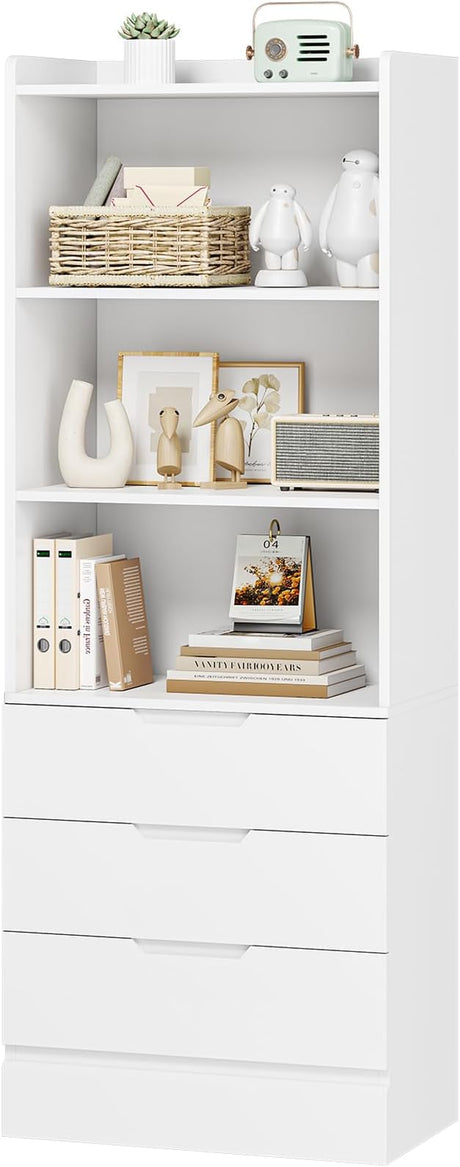 73.23'' Tall Storage Cabinet Bookcase with 3 Drawers and 3-Tier Open Shelves Wooden Bookshelf Kitchen Pantry