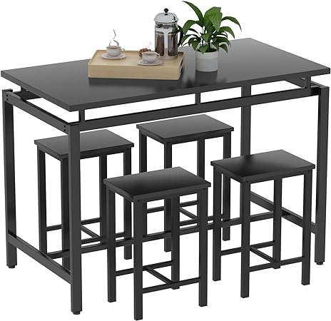 5 Pieces Dining Table Set for 4,Black Bar Table Set with 4 Bar Stools Counter Height Bar