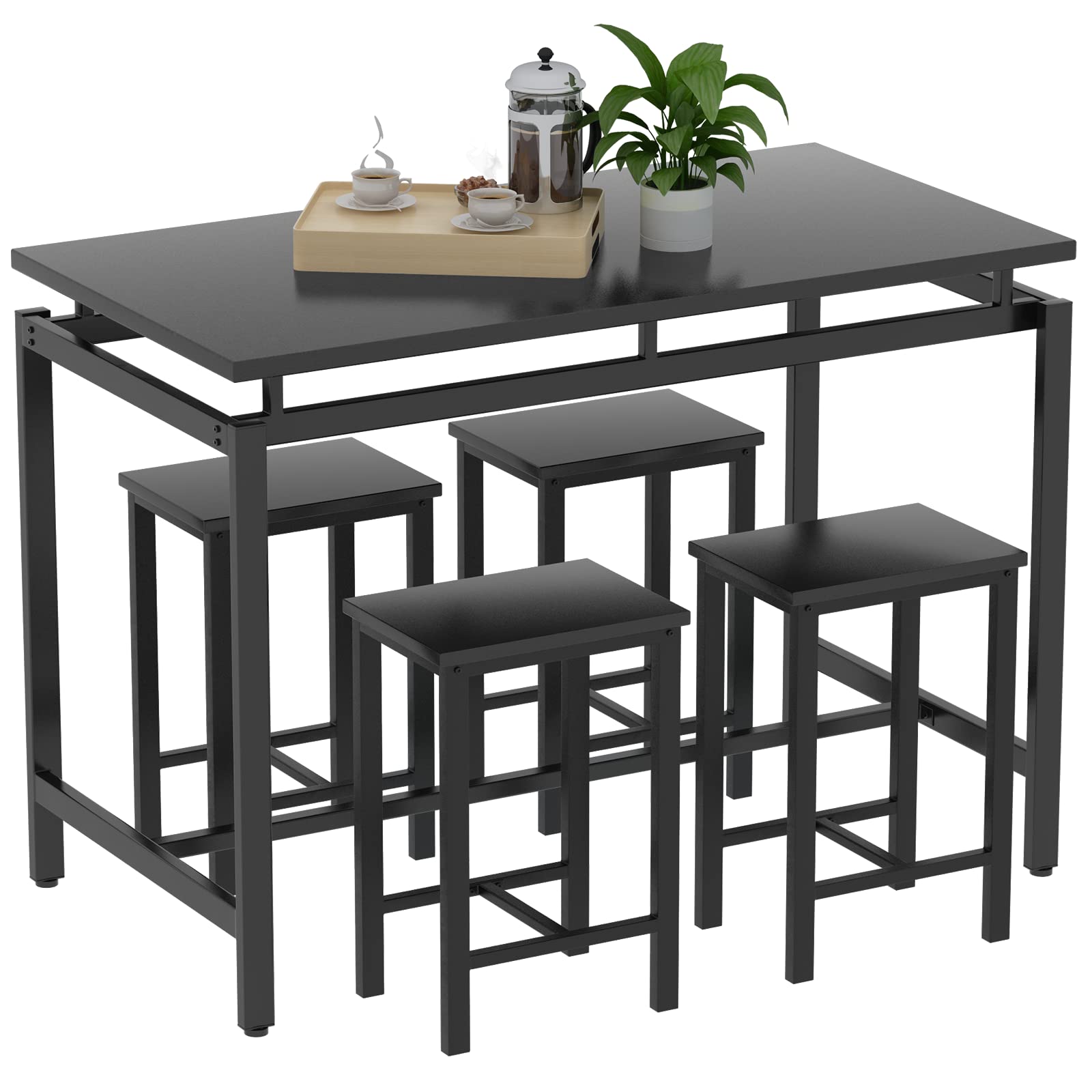 5 Pieces Dining Table Set for 4,Black Bar Table Set with 4 Bar Stools Counter Height Bar