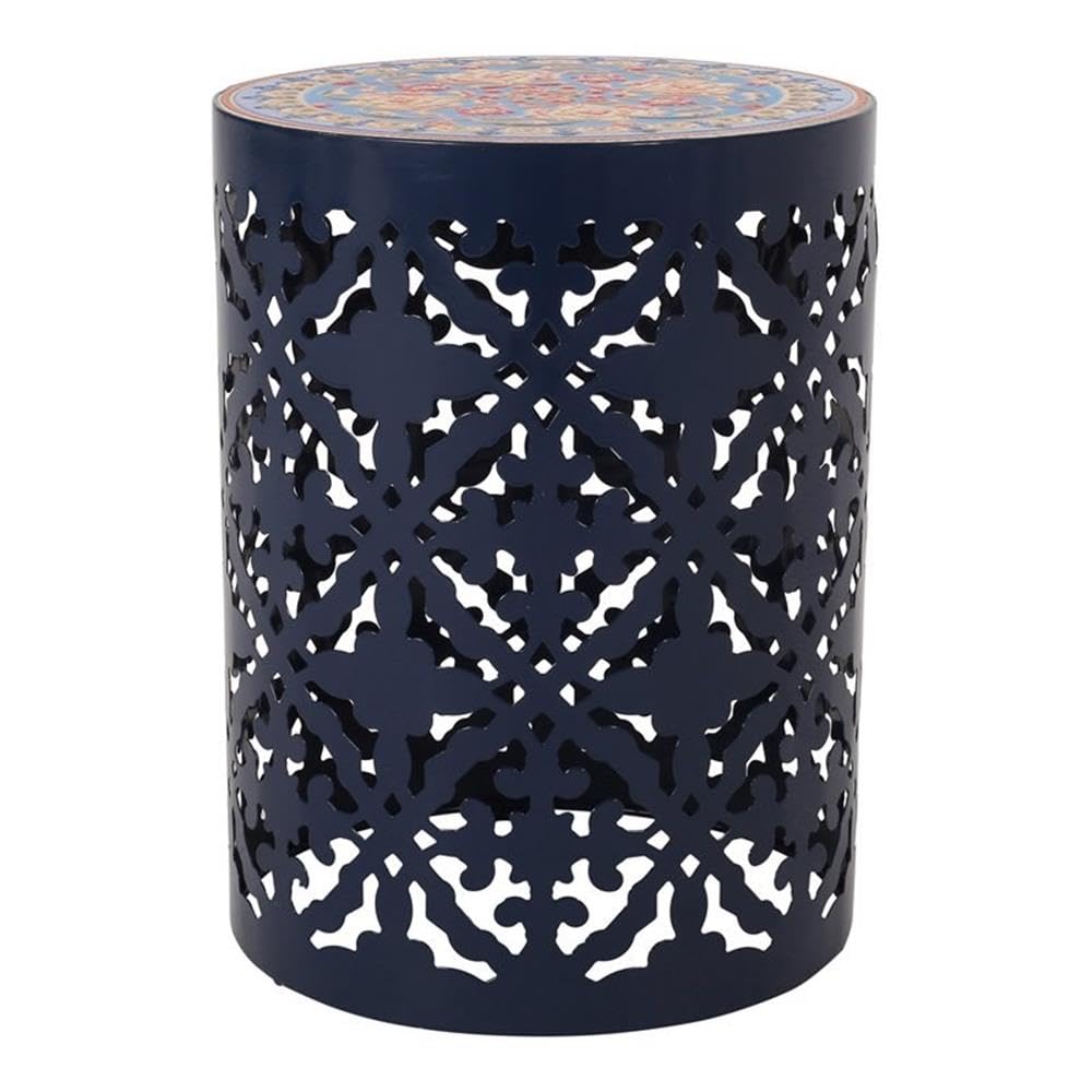 Chetola Indoor Lace Cut Iron Side Table with Tile Top in Dark Blue