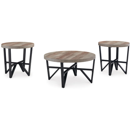 Deanlee Contemporary Table Set with Metal Frame, Set of 3, Light Brown & Black