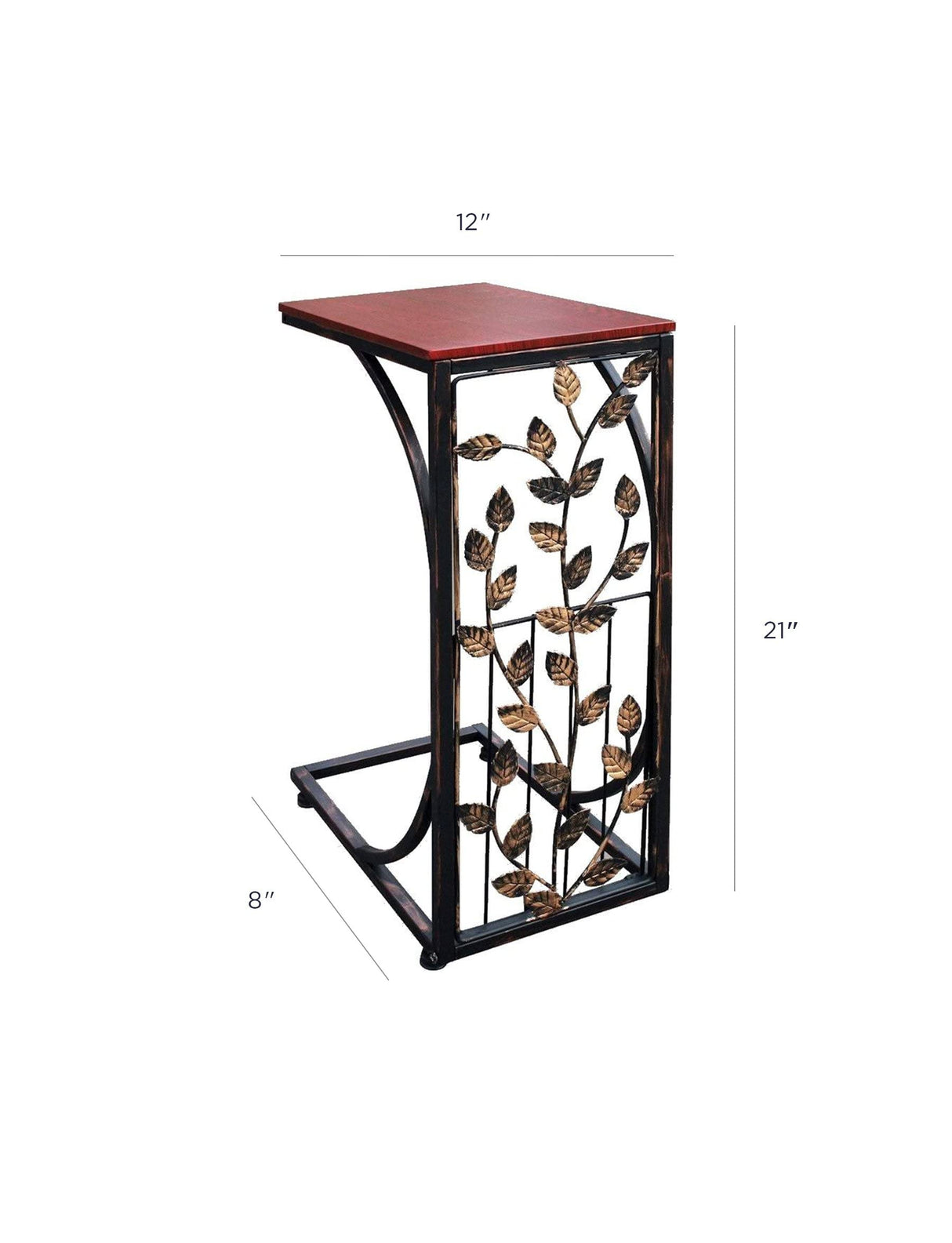 Sofa Side and End Table, Small - Metal, Dark Brown Wood Top With Leaf Design - Perfect