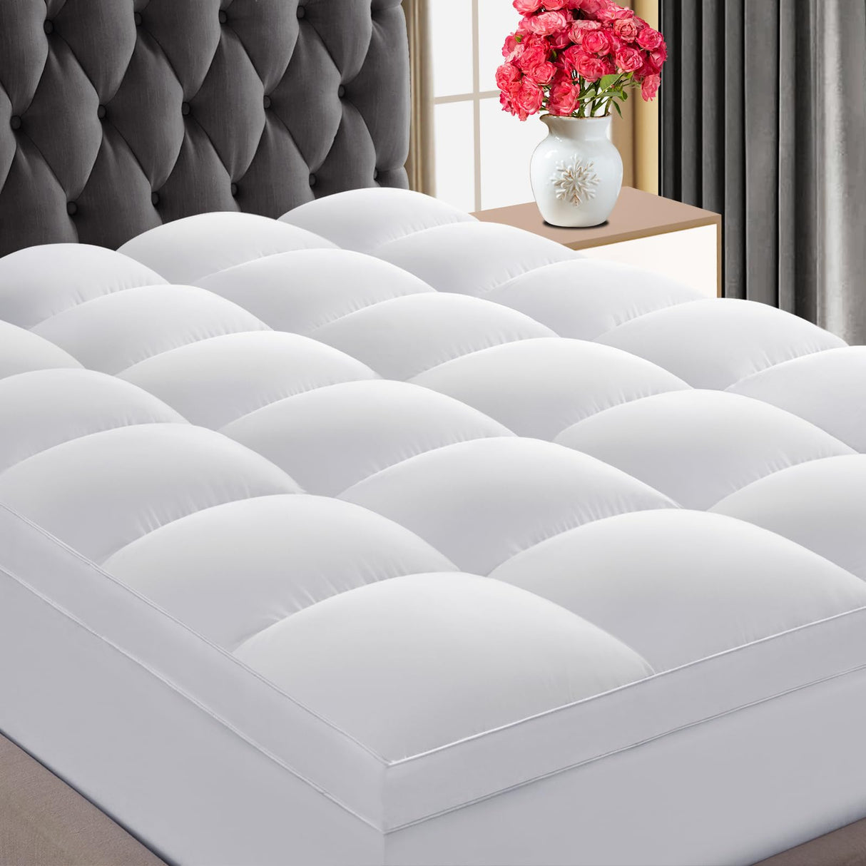 Luxury Soft 5D Spiral Fiber Queen Mattress Topper, Extra Thick Mattress Pad Cover for Back Pain Relief