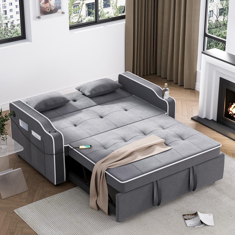 Sleeper Sofa Bed with USB Port, Velvet Pull Out Couch Bed, 3-in-1 Convertible