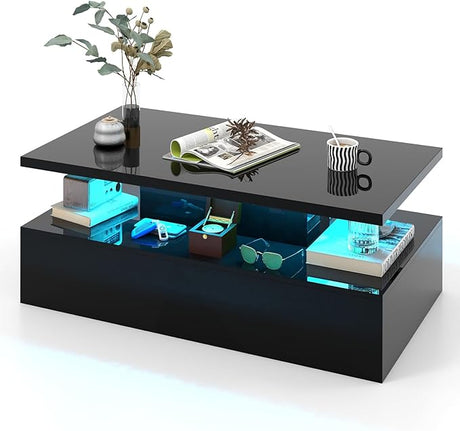 LED Coffee Table, Modern High Gloss Coffee Table w/ 20-Color LED Lights