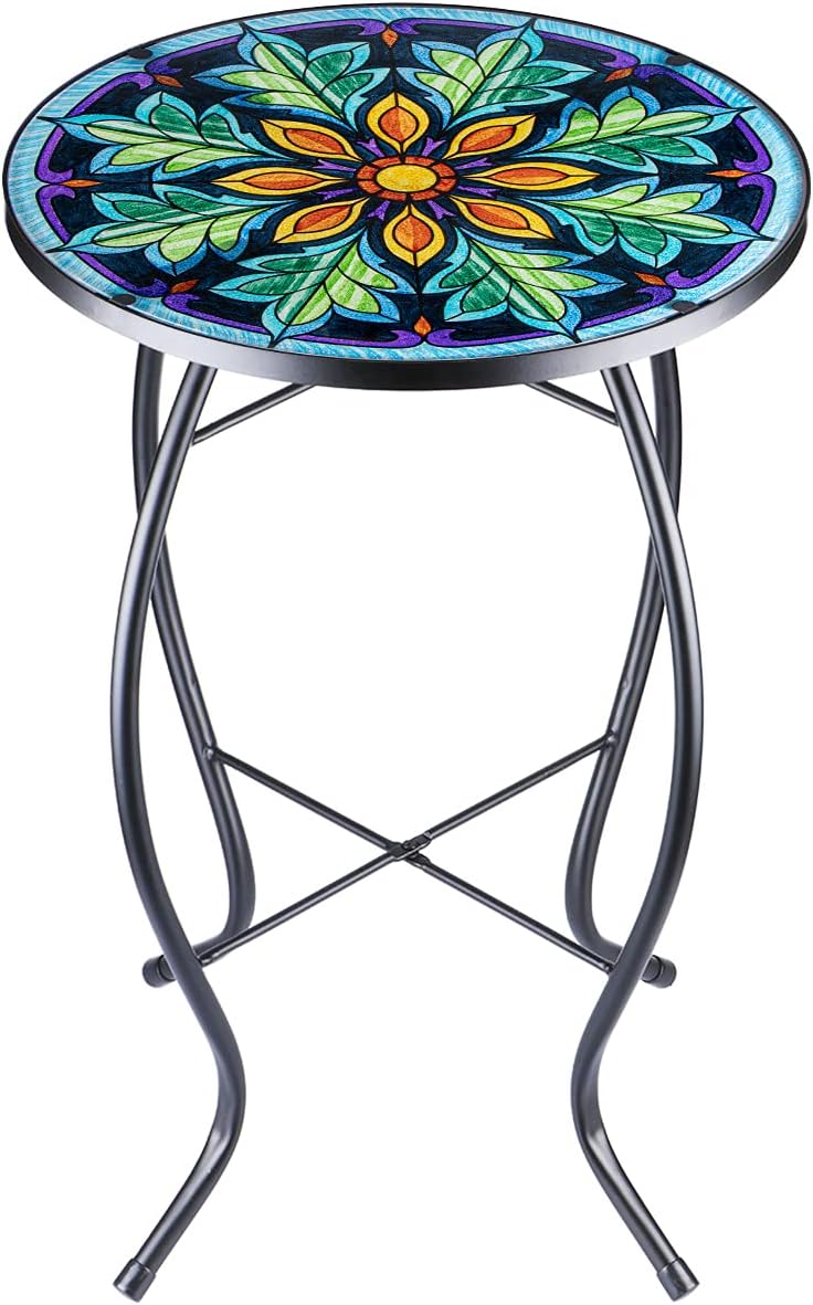 Outdoor Side Table Mosaic End Table Patio Side Table Small End Table Glass Top Round