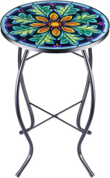 Outdoor Side Table Mosaic End Table Patio Side Table Small End Table Glass Top Round