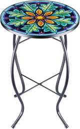 Sunflower Outdoor Side Table, Mosaic Design, Small Glass Top, Round, Patio Side Table