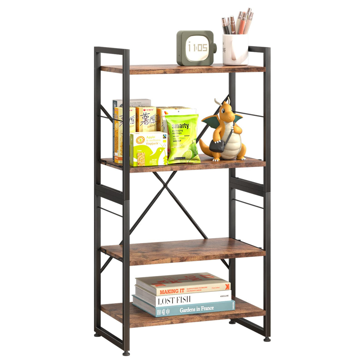 4 Tiers Bookshelf Adjustable Shelf Organizer, Rustic Brown Small Bookcase