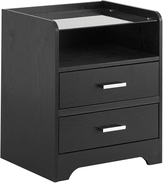 Smart LED Night Stand with 2 Drawers and Glass Top, Modern Bedside Table with LED