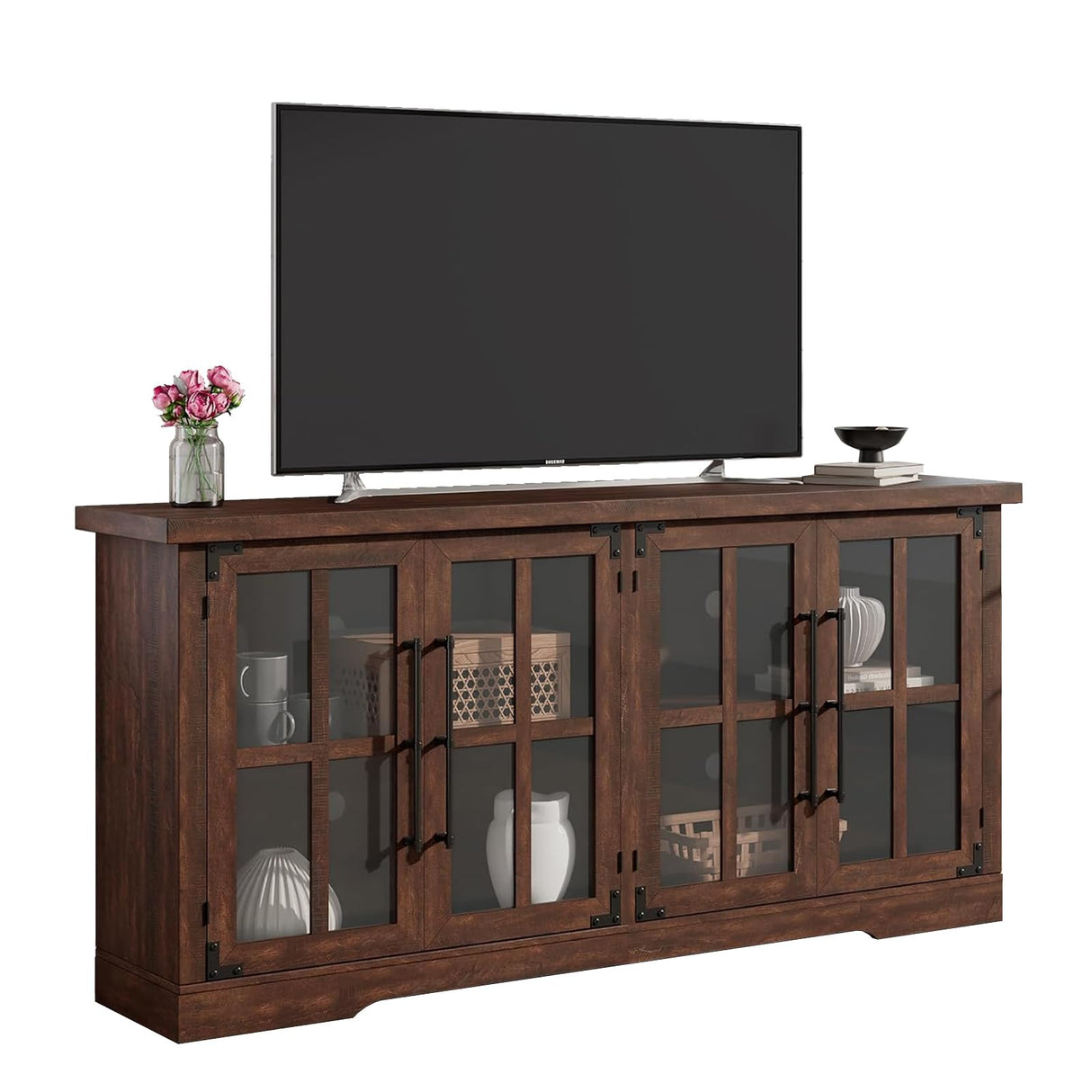 Farmhouse TV Stand with 4 Glass Doors, Modern Buffet Sideboard Cabinet