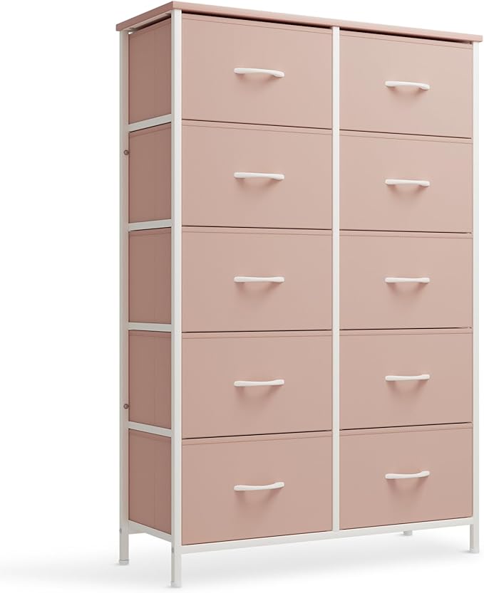 Tall Dresser with 10 Fabric Deep Drawers Metal Frame Storage Tower MDF Board Cabinet