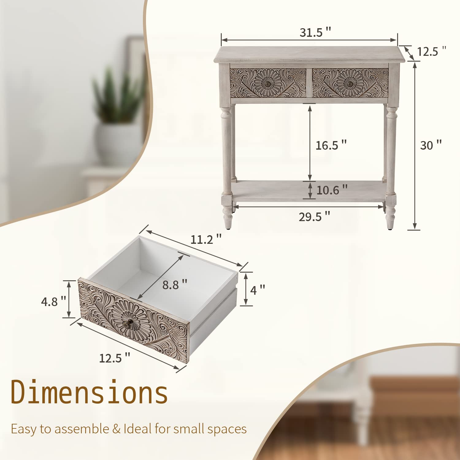 31.5 Inch Console Table with 2 Drawers, Narrow Sofa Table,
