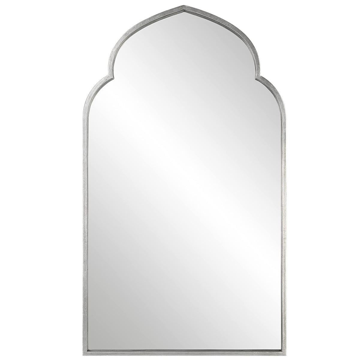 38 Inch Wood Wall Mirror, Moroccan Style, Antique Silver