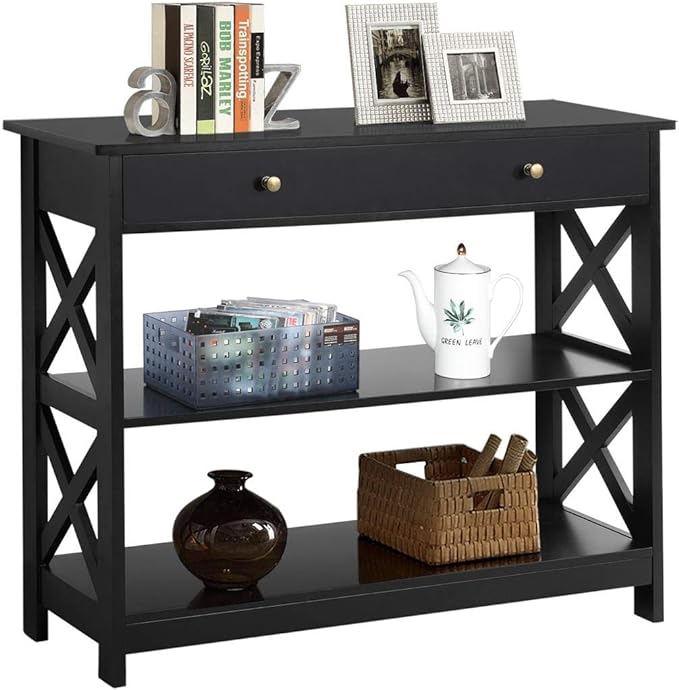 Console Table with Drawer, 3-Tier Entryway Table with Storage Shelves,