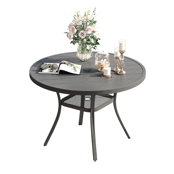 Metal Patio Dining Table for 4, 42" Grey Outdoor Round Table with Adjustable Umbrella Hole