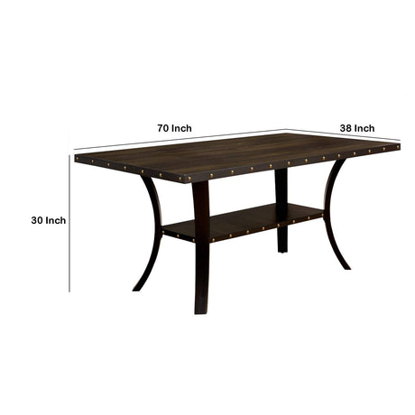 Benjara Transitional Wooden Dining Table with Nailhead Trim and Open Shelf,