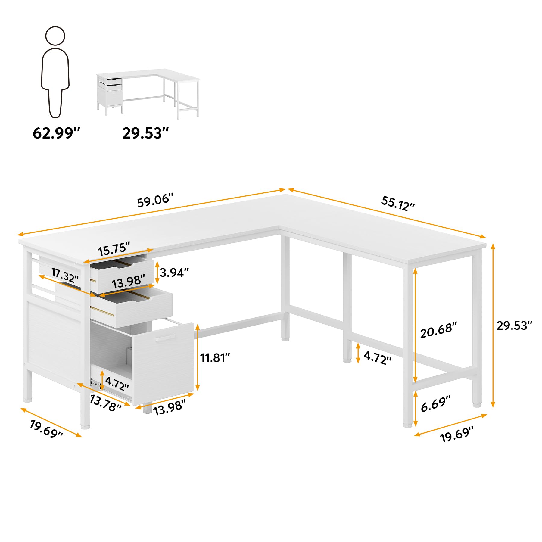 L Shaped Desk with File Drawer Cabinet, 59 Inch Corner Desk L Shaped Computer Desk