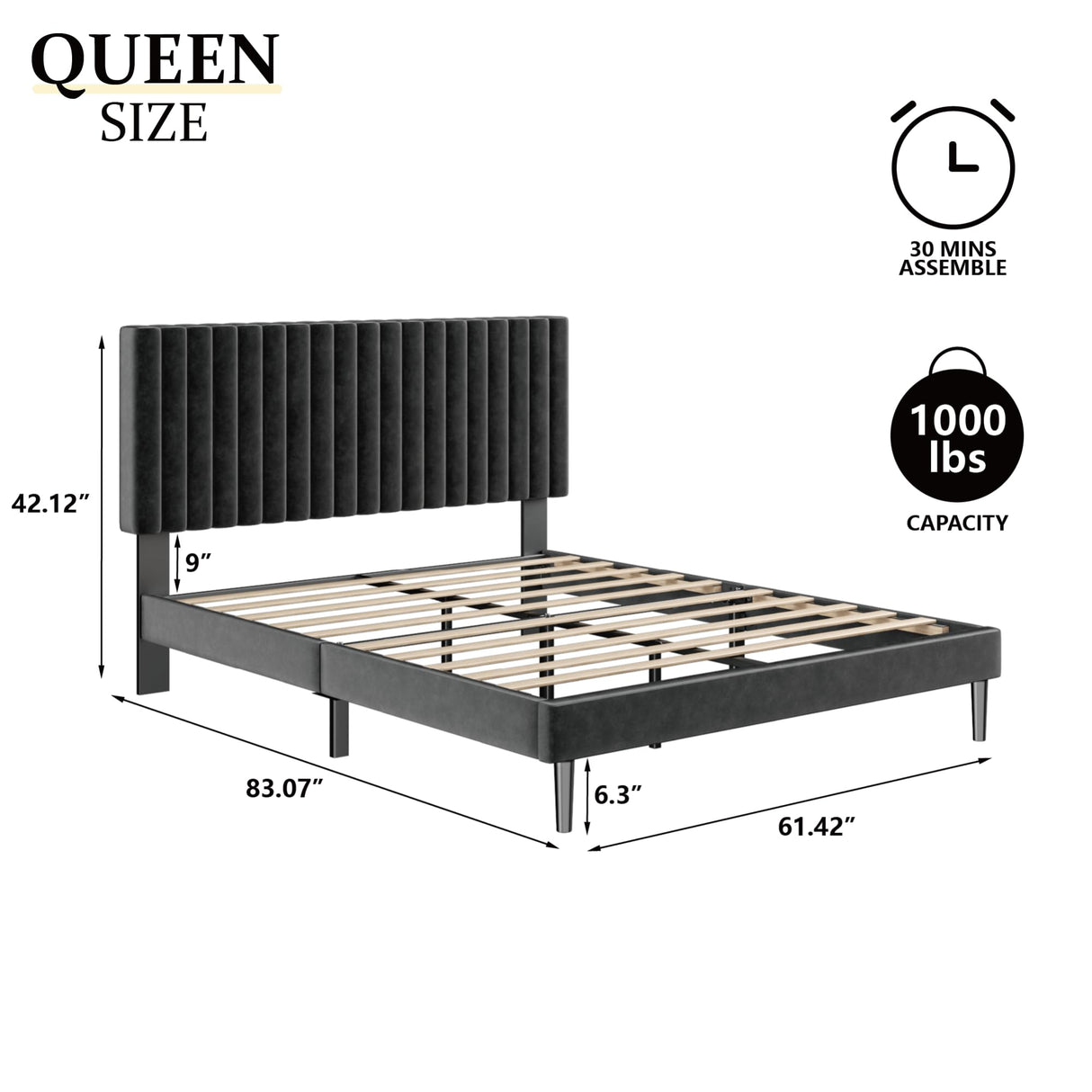 Queen Velvet Platform Bed Frame with Upholstered Headboard