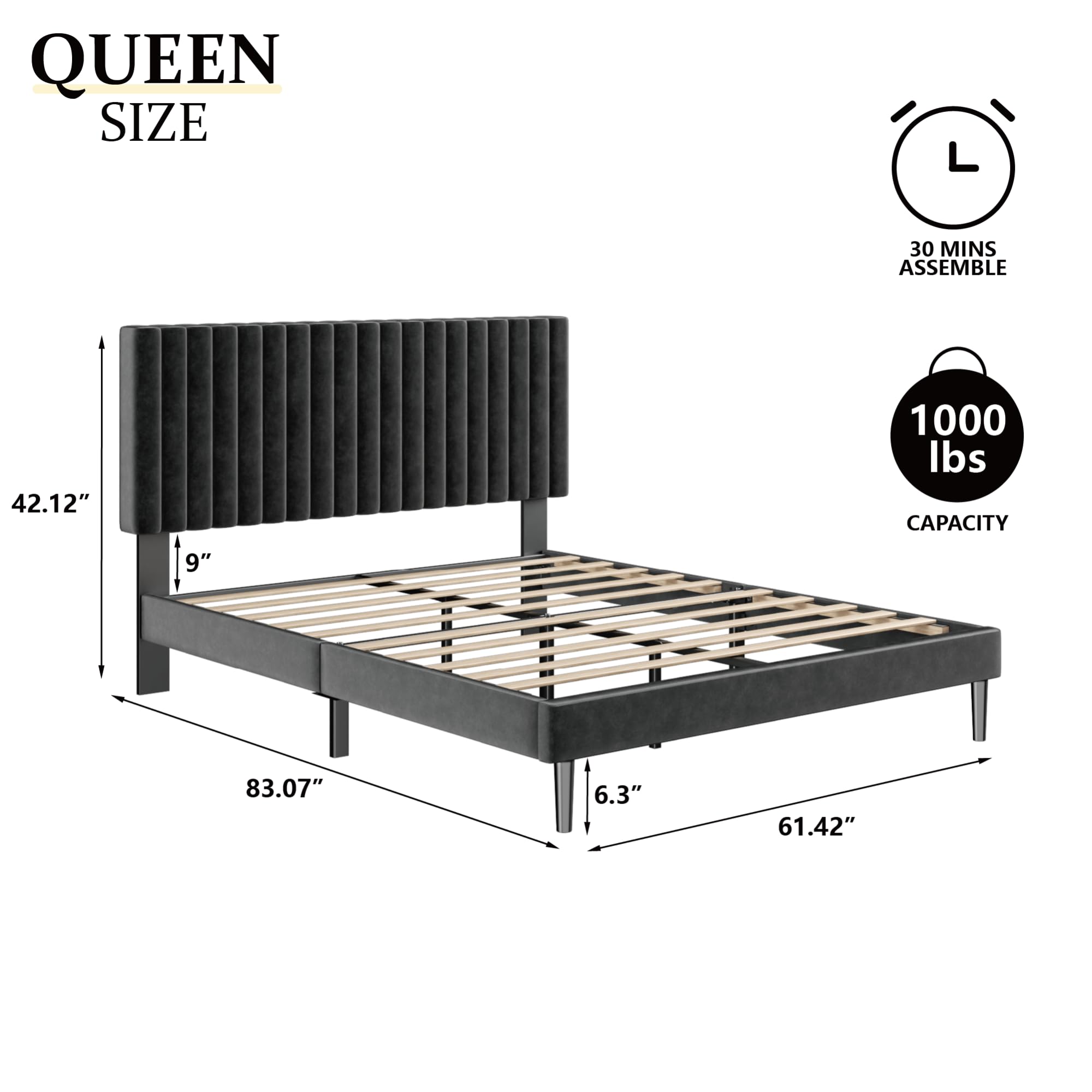 Queen Velvet Platform Bed Frame with Upholstered Headboard