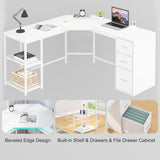 White L Shaped Corner Desk with Drawers, Reversible Modern L-Shaped Computer